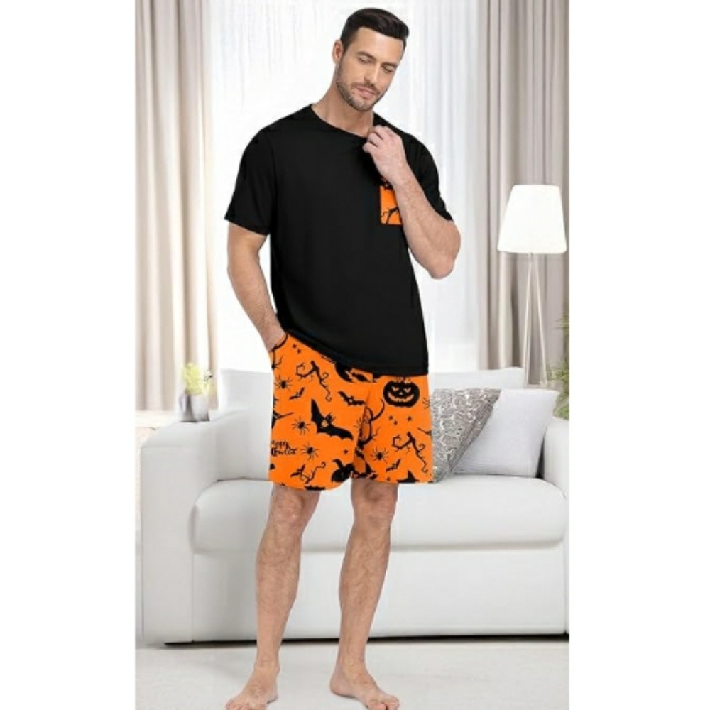 Men's Pajama Set Sleepwear Lightweight Short Sleeve Black /Orange